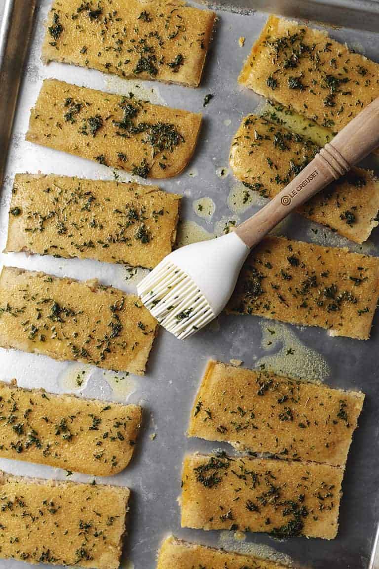 keto garlic bread on a sheet pan