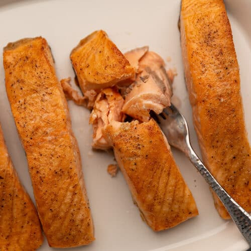 air fryer salmon on a white plate