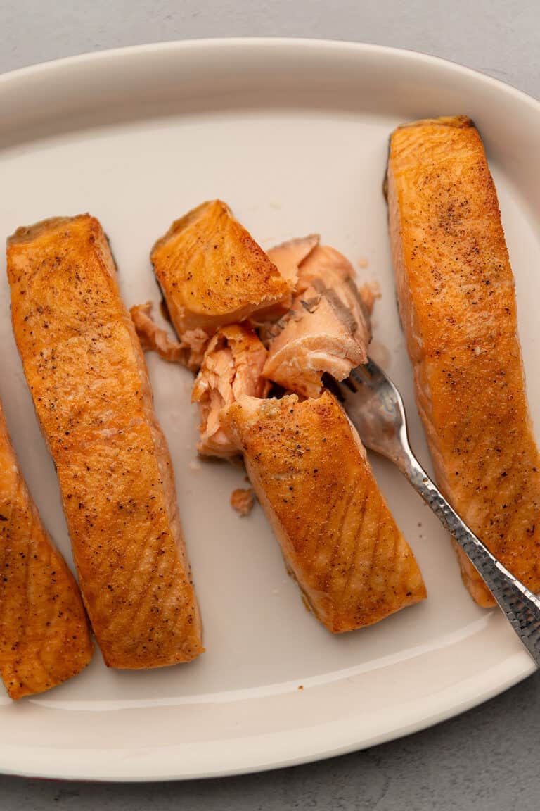 air fryer salmon on a white plate