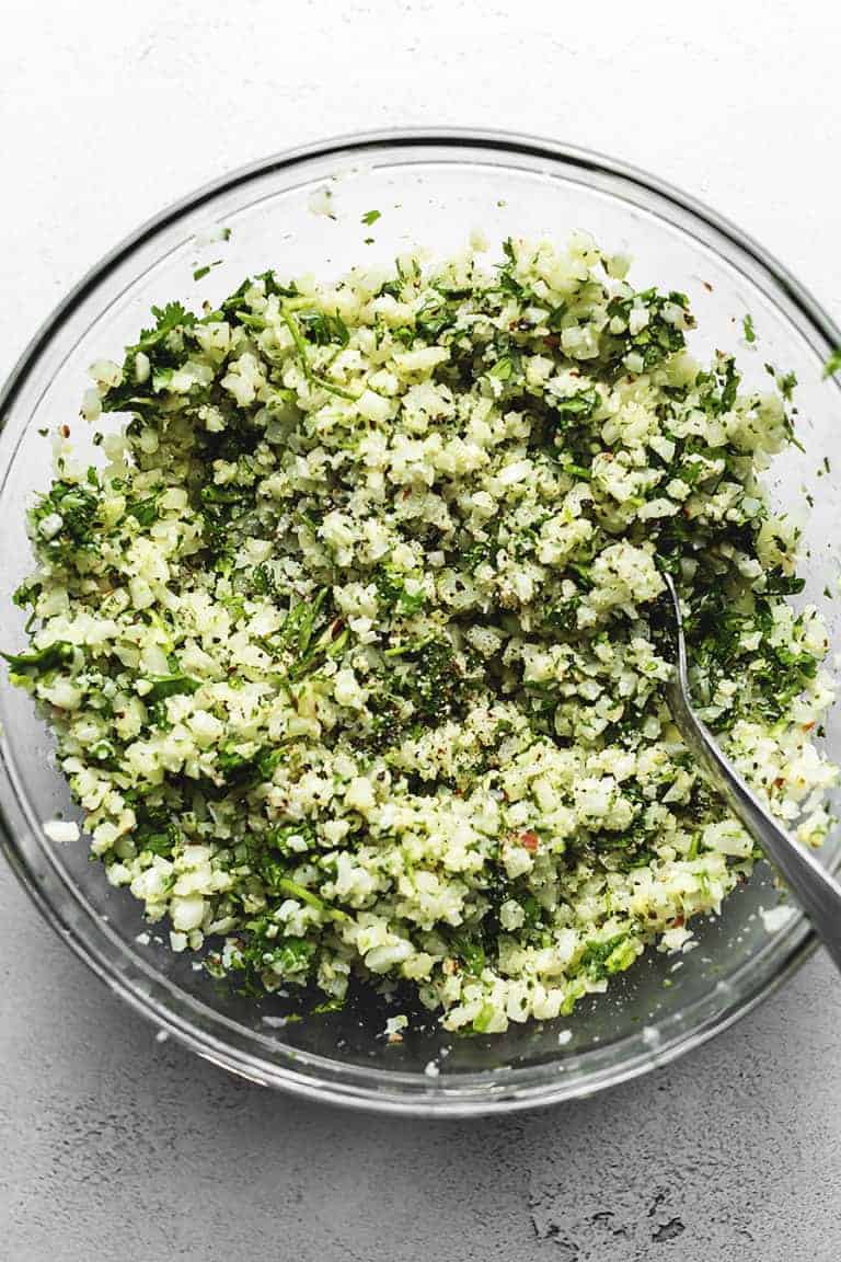 cilantro lime cauliflower rice in a glass bowl