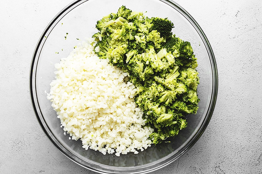 steamed broccoli and cauliflower rice in a glass bowl for keto broccoli casserole 