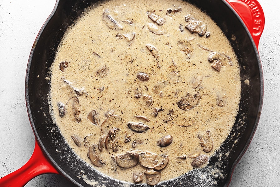 mushrooms gravy in a skillet for keto chicken friend steak 