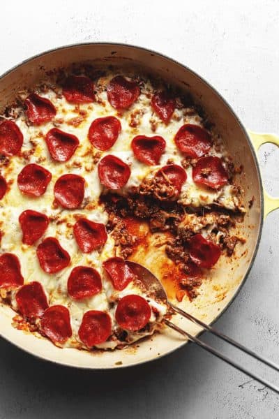 pepperoni pizza casserole with ground beef in a large skillet