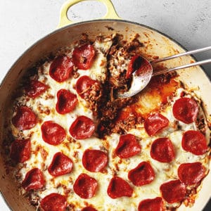 keto pepperoni skillet pizza out of the oven