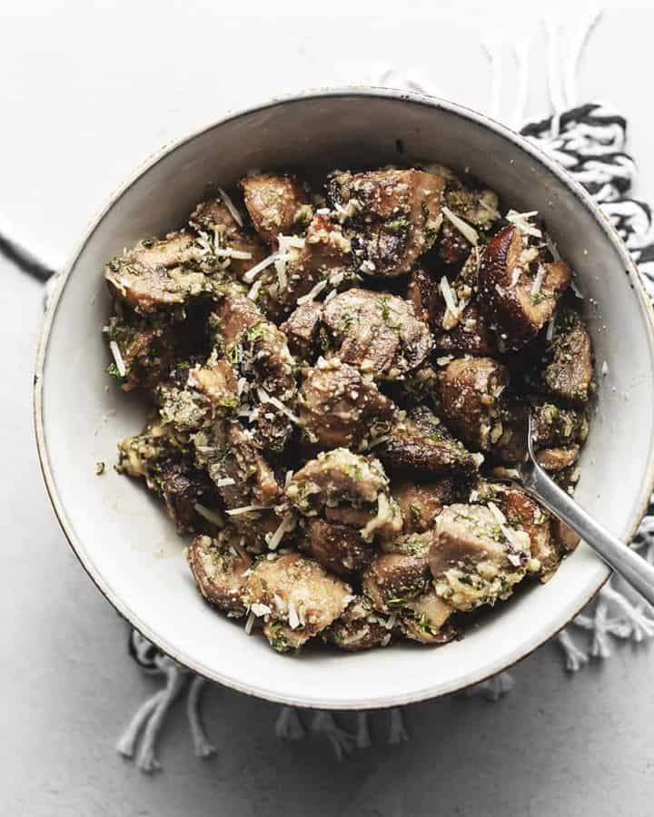 roasted mushrooms in a white bowl
