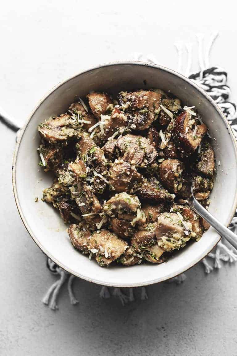 roasted mushrooms in a white bowl