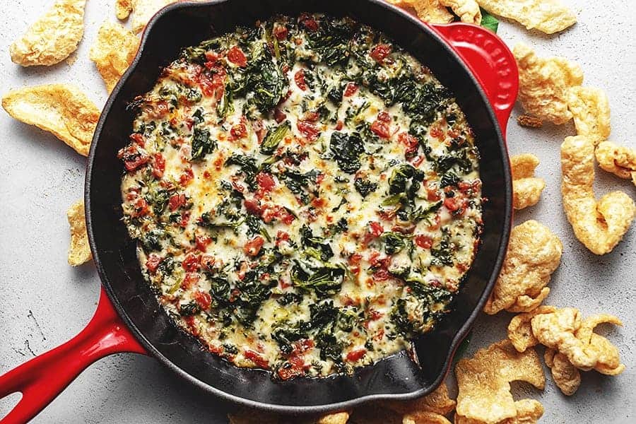 3 ingredient spinach dip in a cast iron skillet