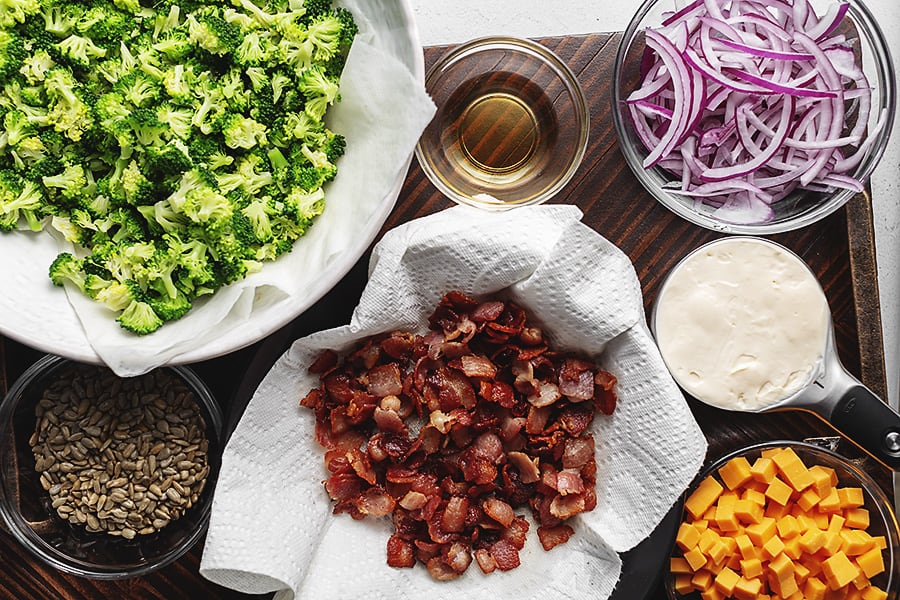 Ingredients for bacon cheddar broccoli salad