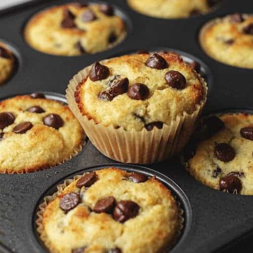 keto chocolate chip muffins in a muffin tin
