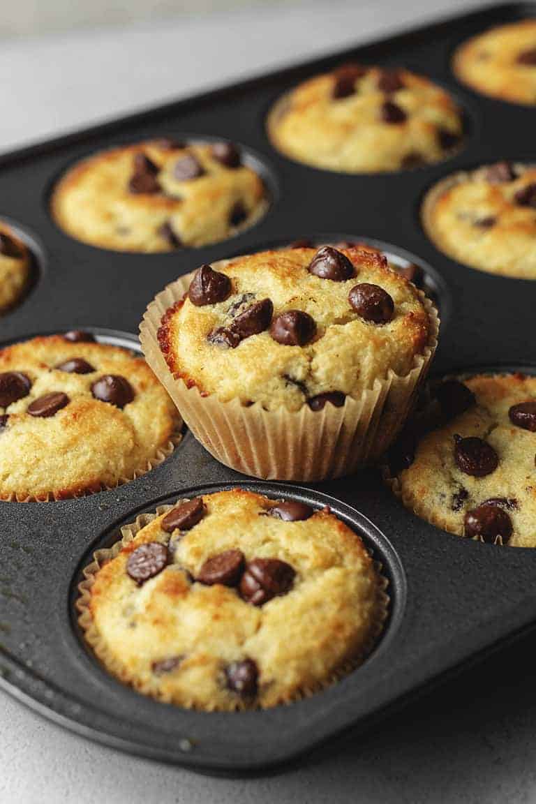 keto chocolate chip muffins in a muffin tin