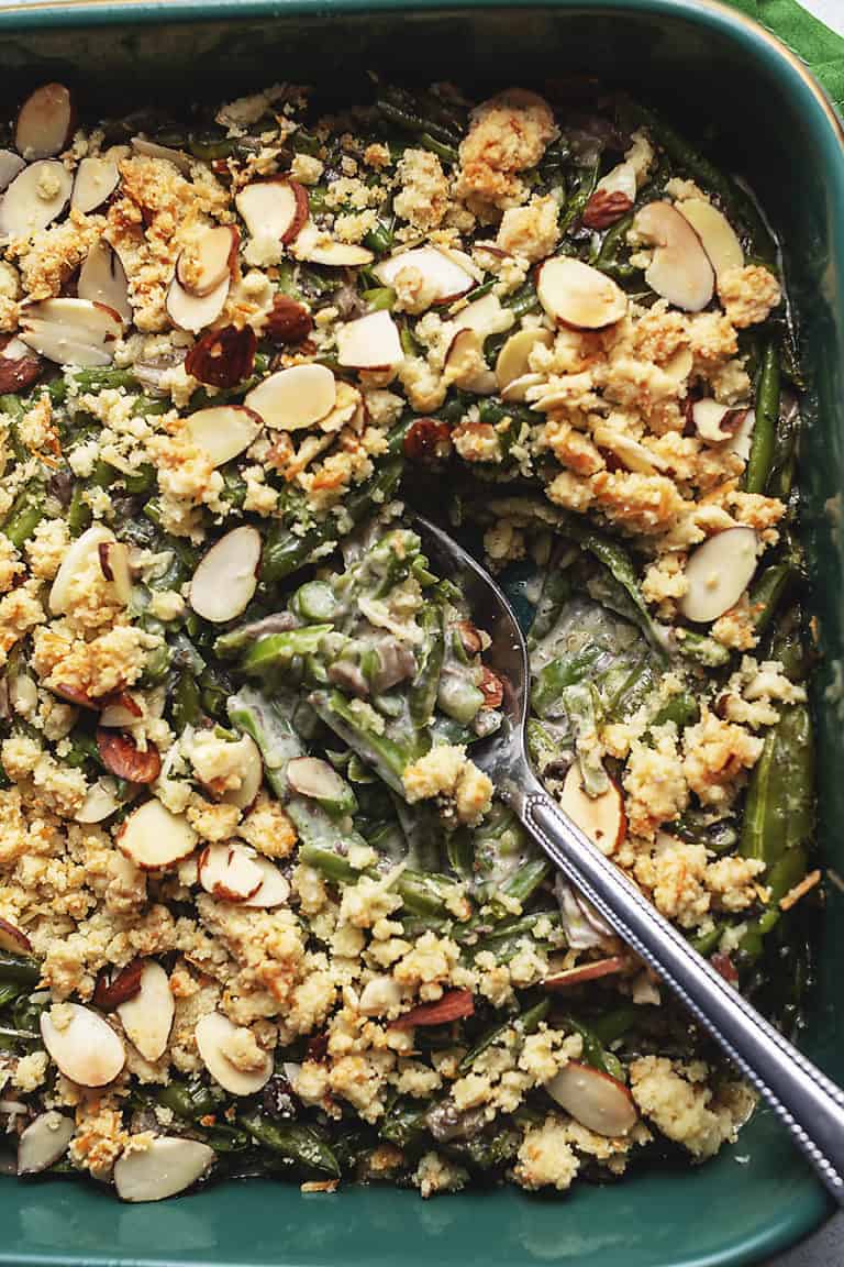 keto green bean casserole in a baking dish