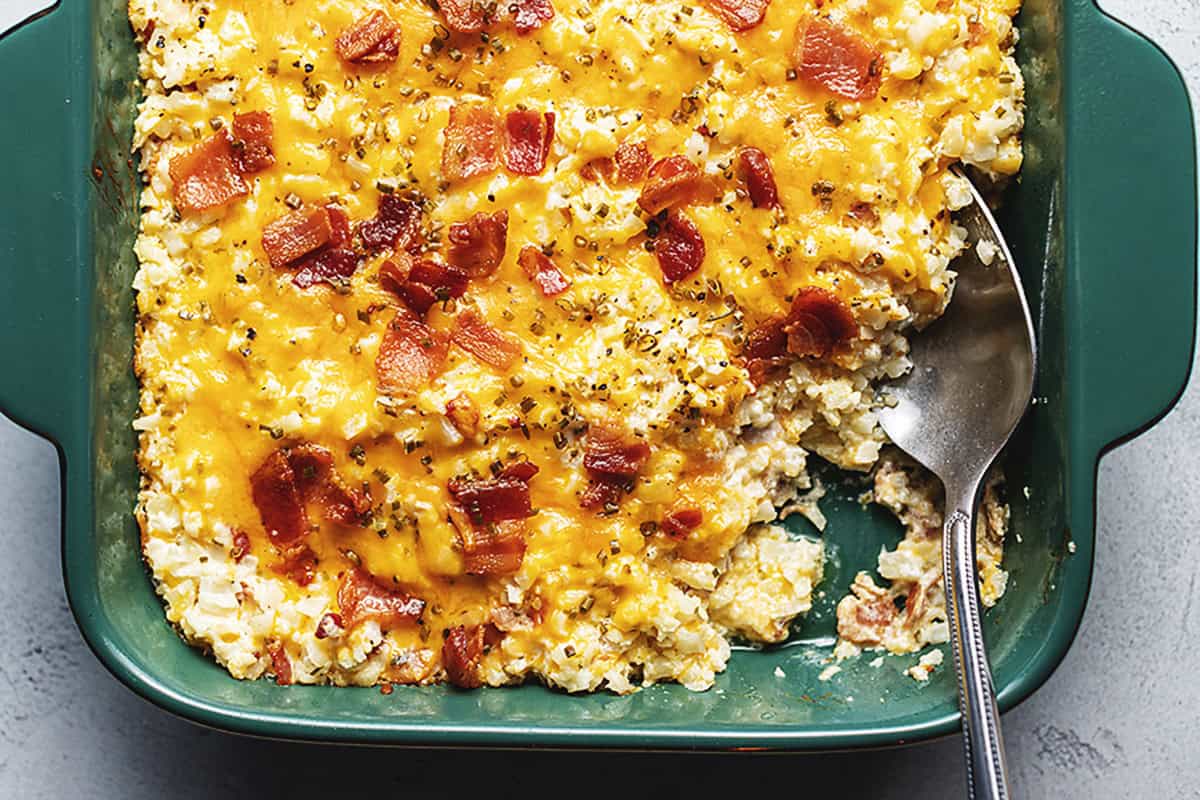 cauliflower casserole in a green dish