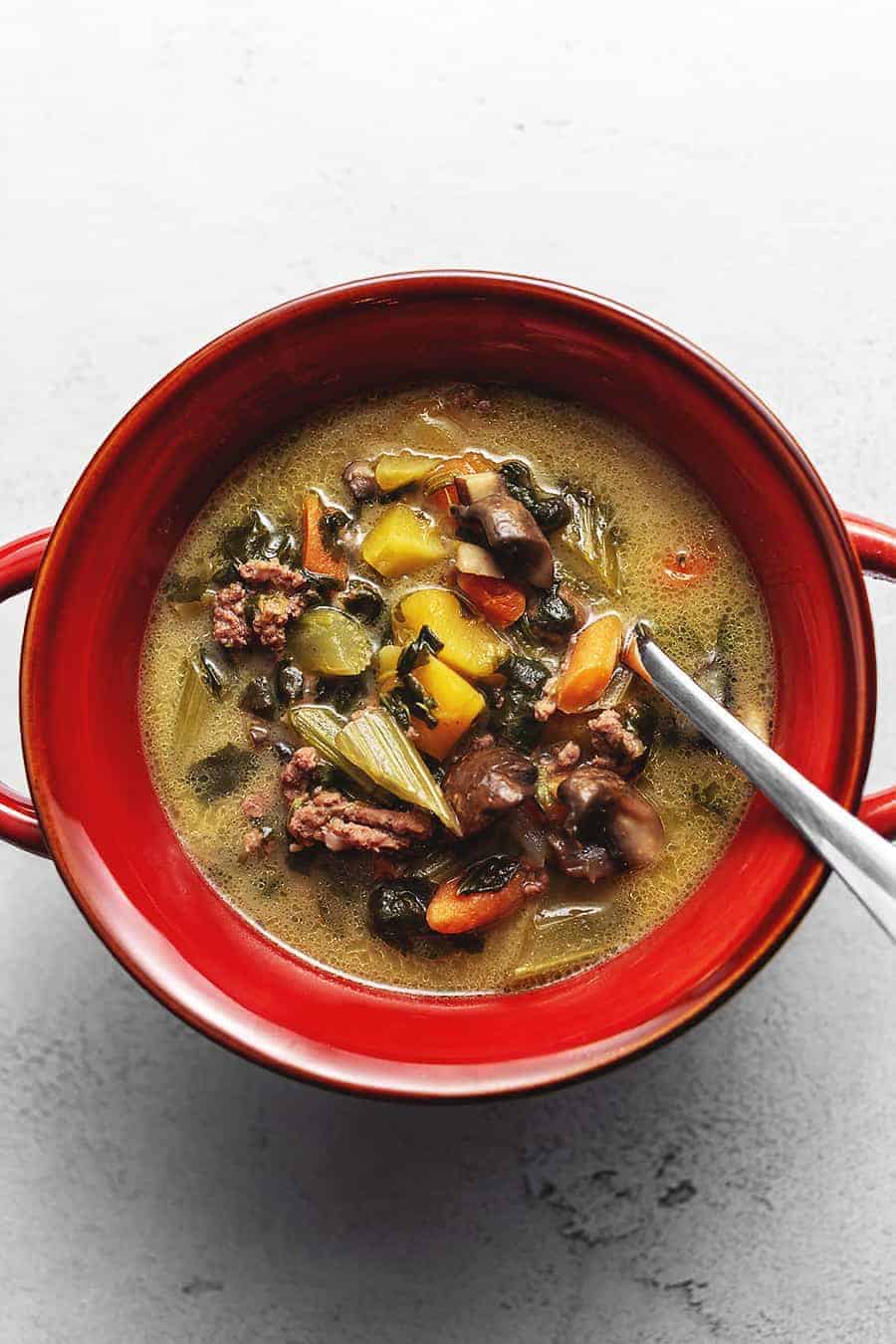 vegetable beef soup in a red bowl