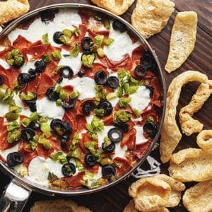 easy supreme pizza dip with pork rinds