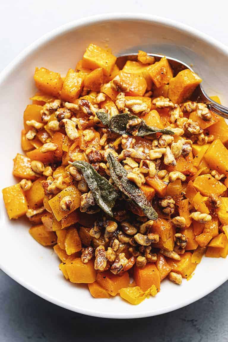 roasted butternut squash in a white bowl
