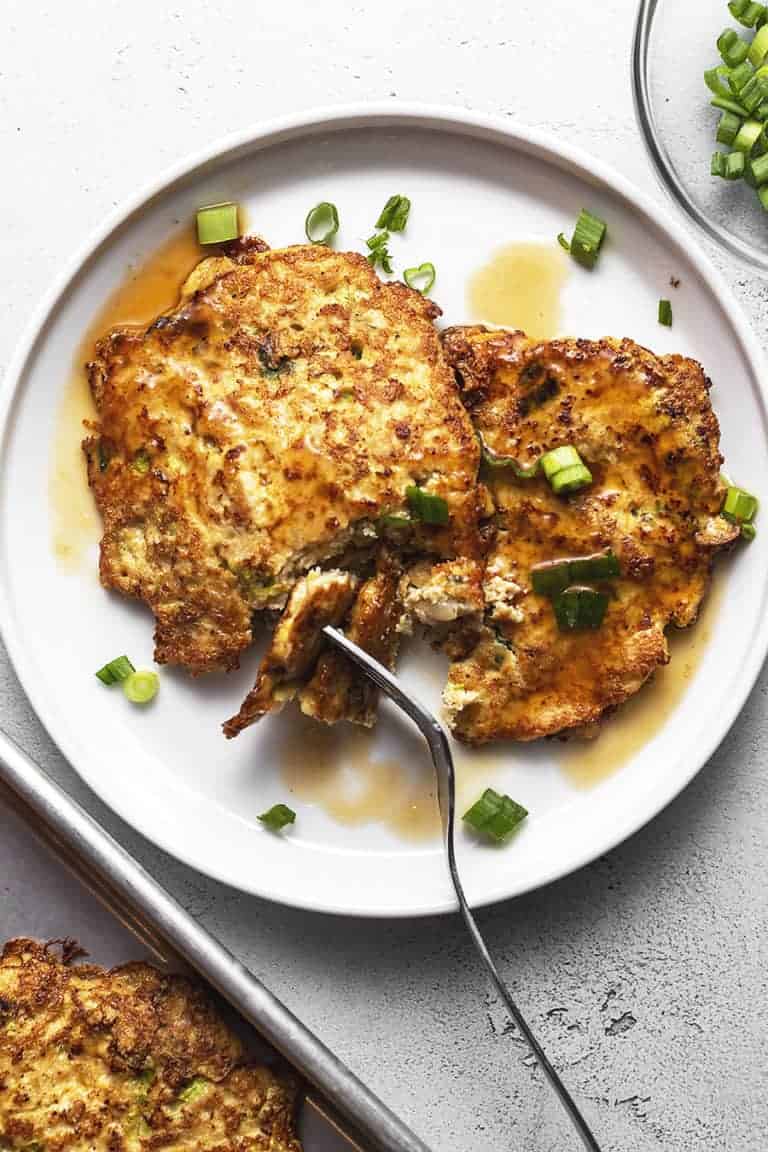 keto chicken egg foo young with gravy on a white plate