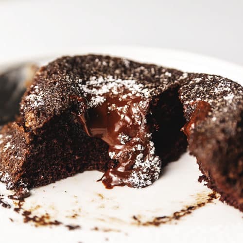 keto chocolate lava cake on a white plate