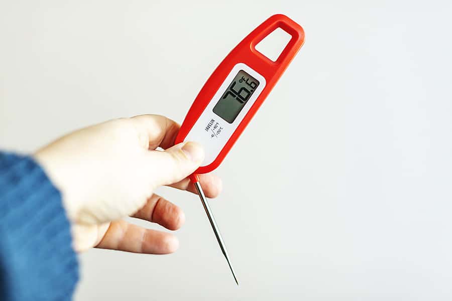 holding a red meat thermometer