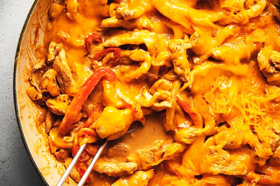 chicken fajita casserole in a skillet