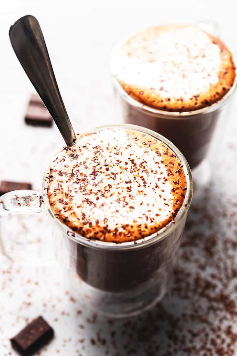 hot chocolate in 2 glass mugs