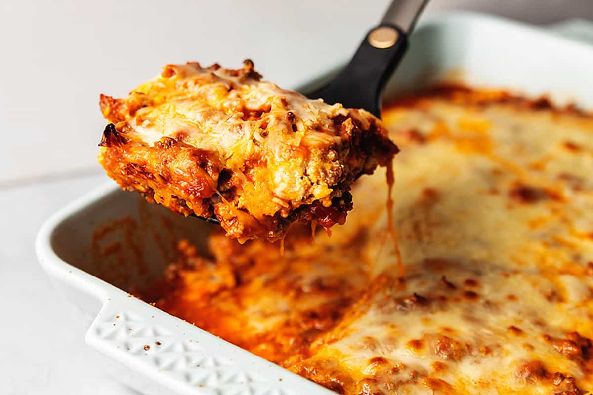 low carb lasagna in a casserole dish