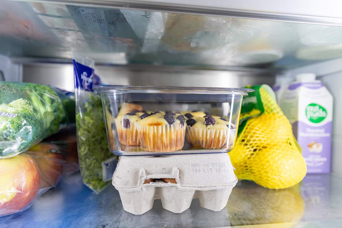 keto blueberry muffins in a storage container in the refrigerator