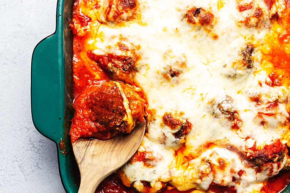 keto meatball bake in a casserole dish