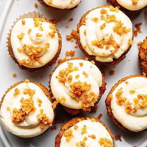 sugar free carrot cake cupcakes on a white platter