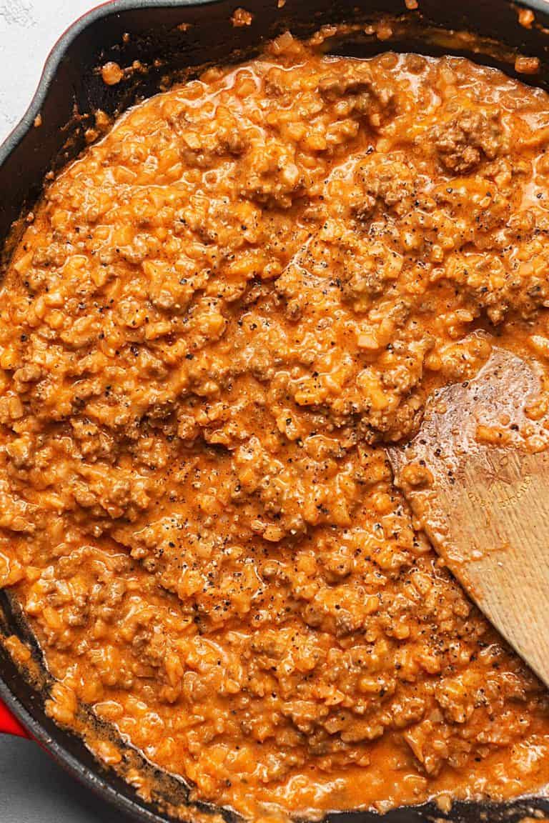 keto hamburger helper in a skillet