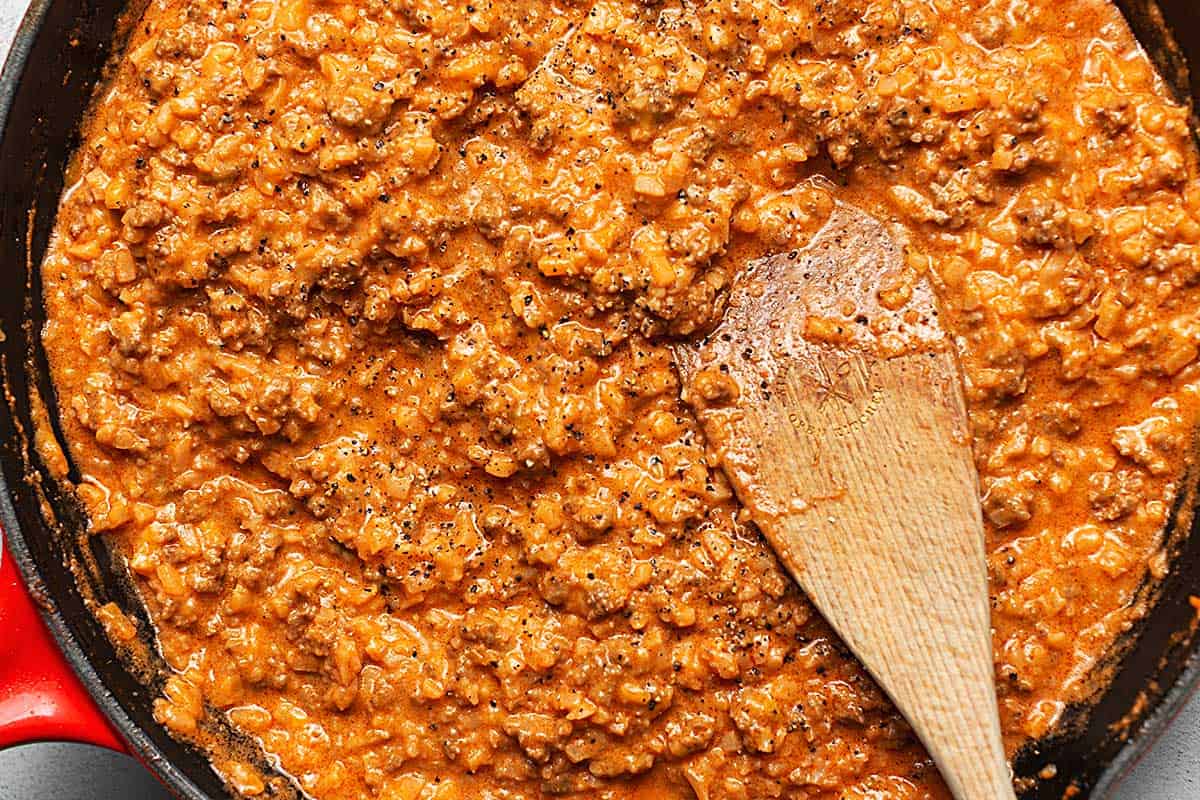 keto hamburger helper in a skillet