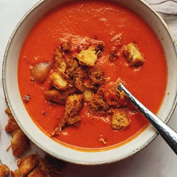keto tomato soup with croutons in a bowl
