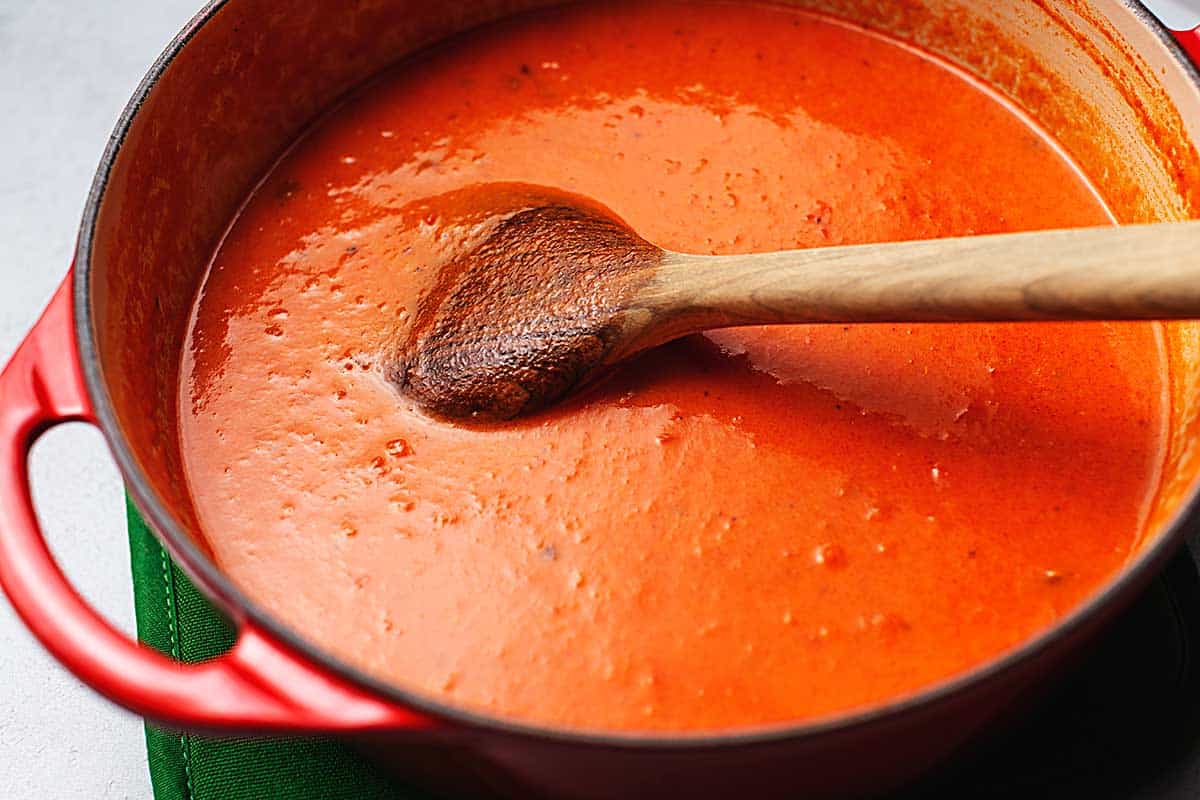 creamy low carb tomato soup in a dutch oven