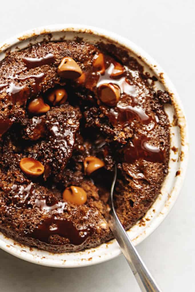 chocolate keto mug cake in a ramekin