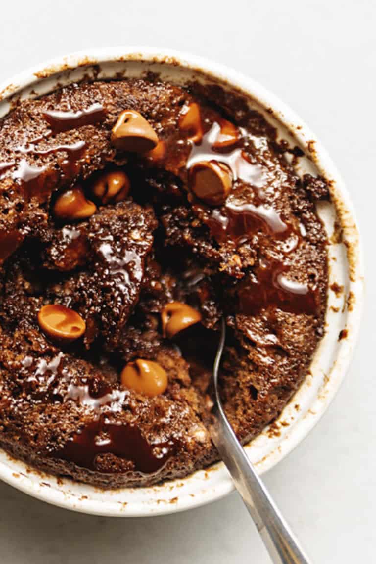 chocolate keto mug cake in a ramekin