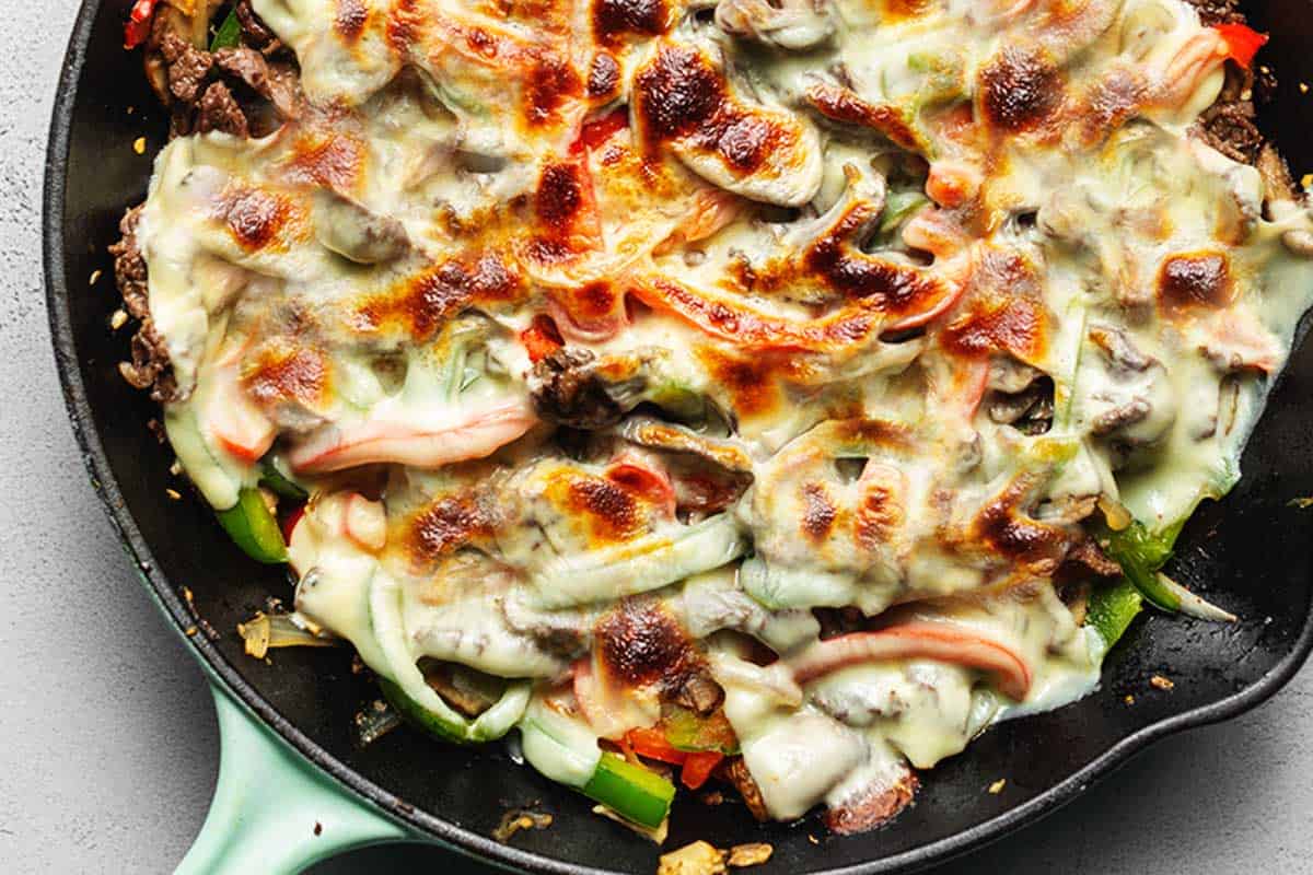keto Philly cheesesteak in a skillet