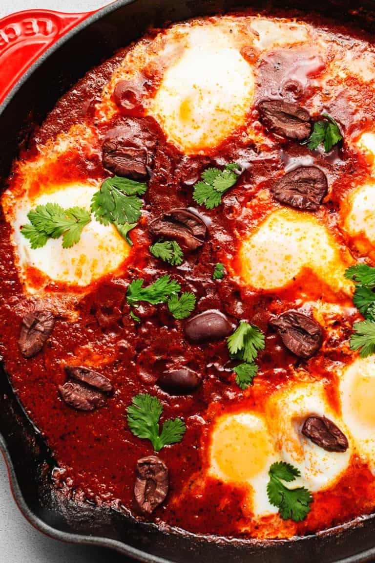 keto shakshuka in a red skillet
