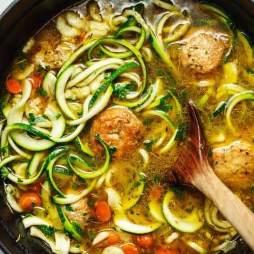 chicken meatball soup in a dutch oven
