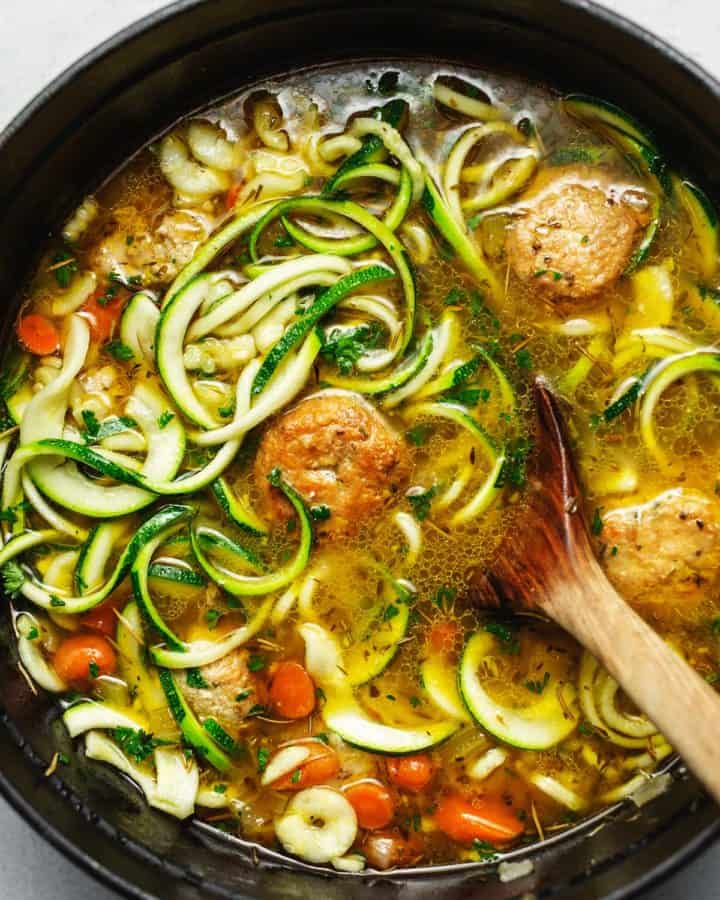 chicken meatball soup in a dutch oven