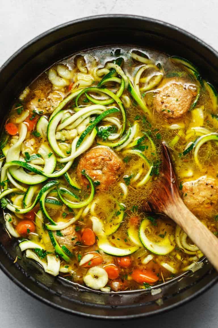 chicken meatball soup in a dutch oven
