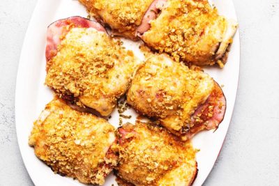 chicken cordon blue bake on a white plate