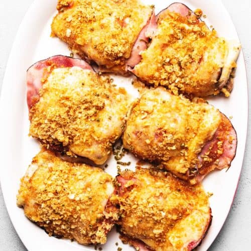 KETO CHICKEN CORDON BLUE ON A WHITE PLATE