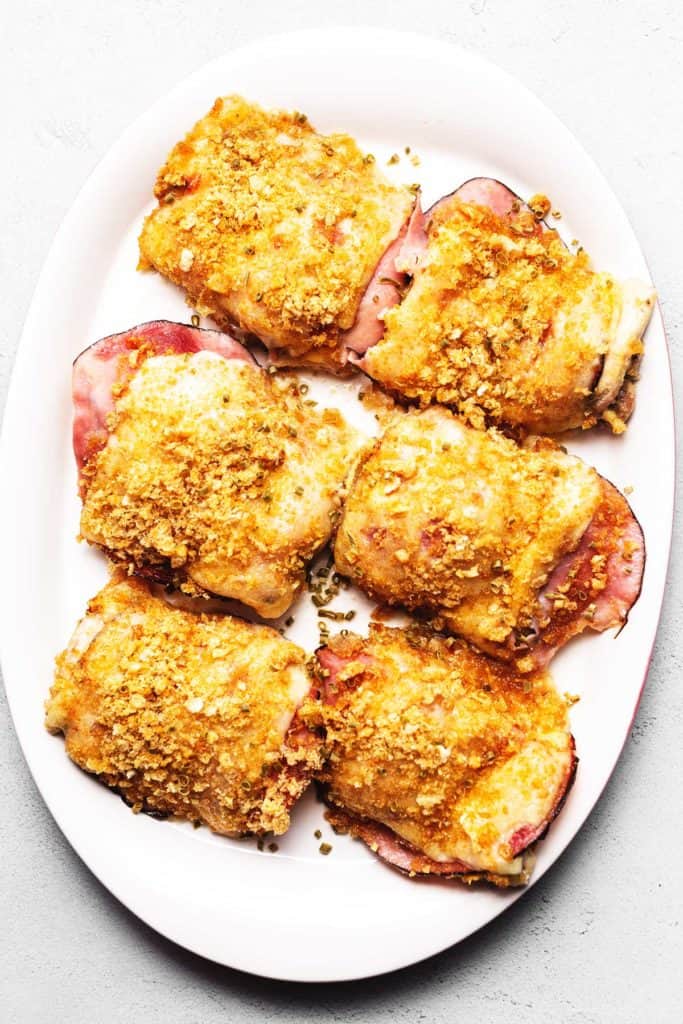 KETO CHICKEN CORDON BLUE ON A WHITE PLATE