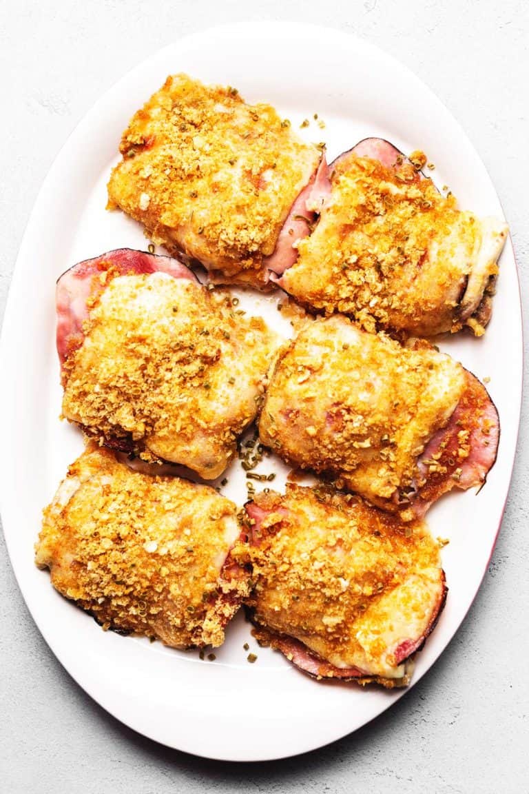 KETO CHICKEN CORDON BLUE ON A WHITE PLATE