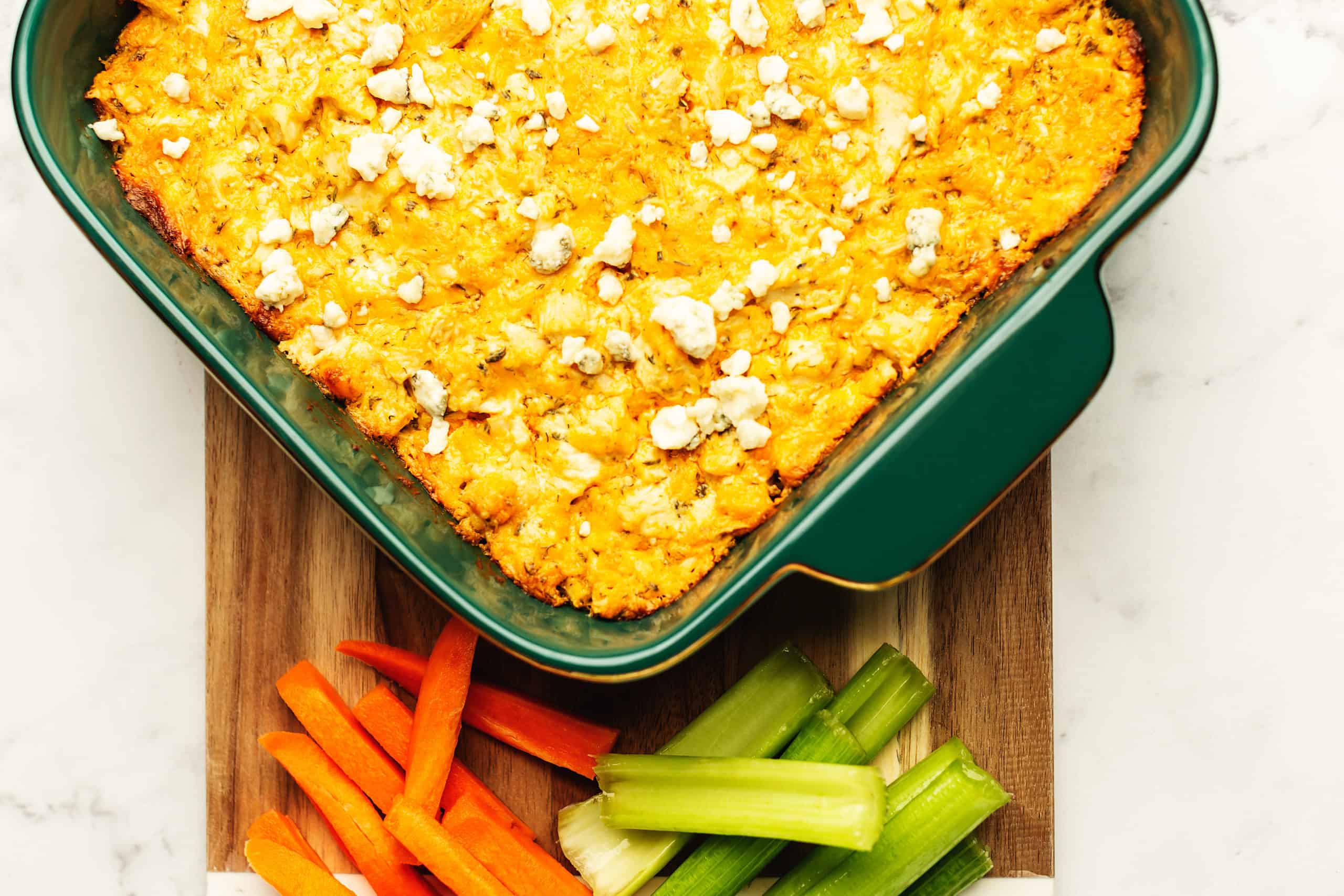 buffalo chicken dip in a casserole dish