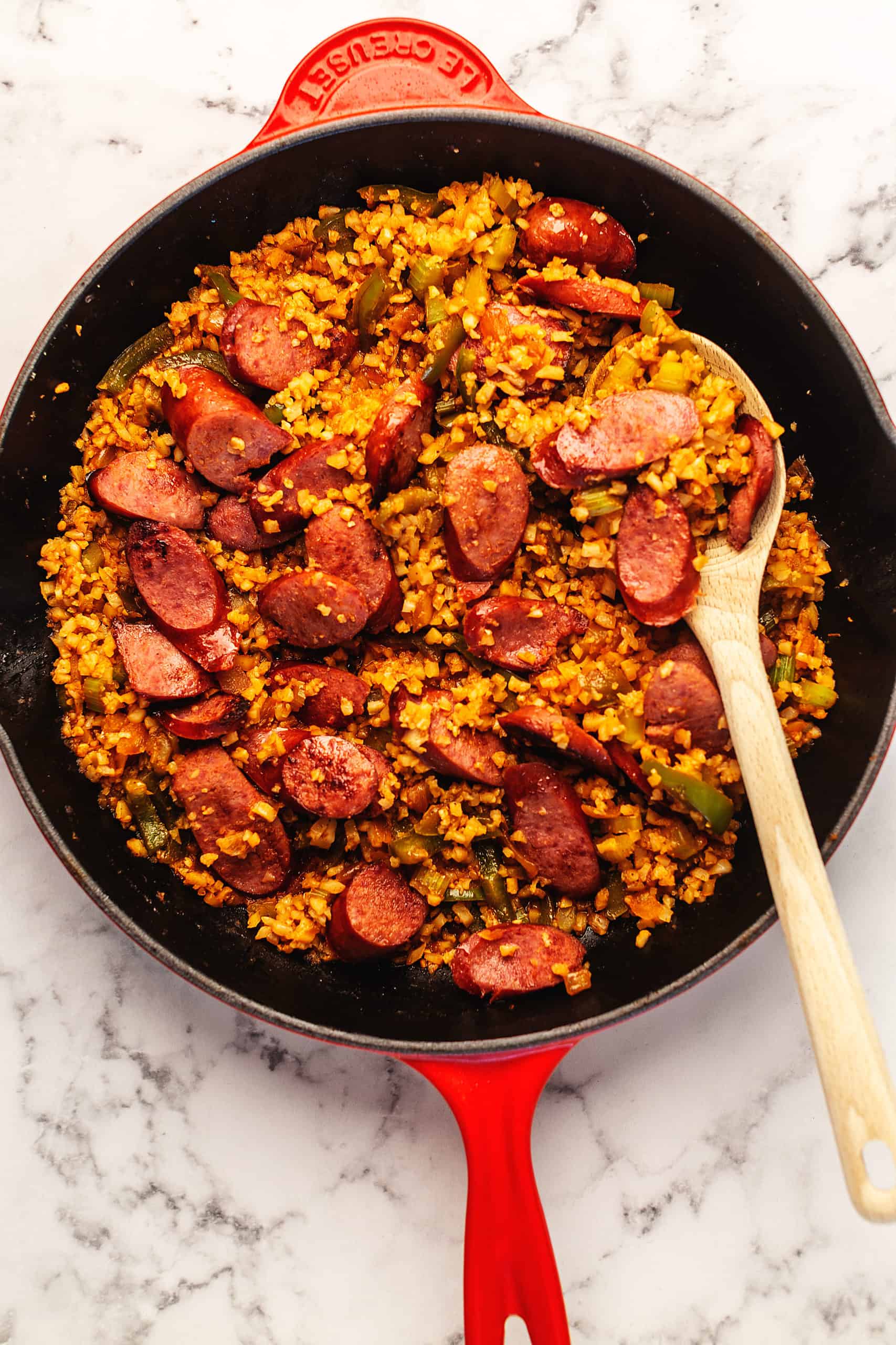 Kielbasa, Peppers, and Cauliflower Rice Skillet • Low Carb with Jennifer