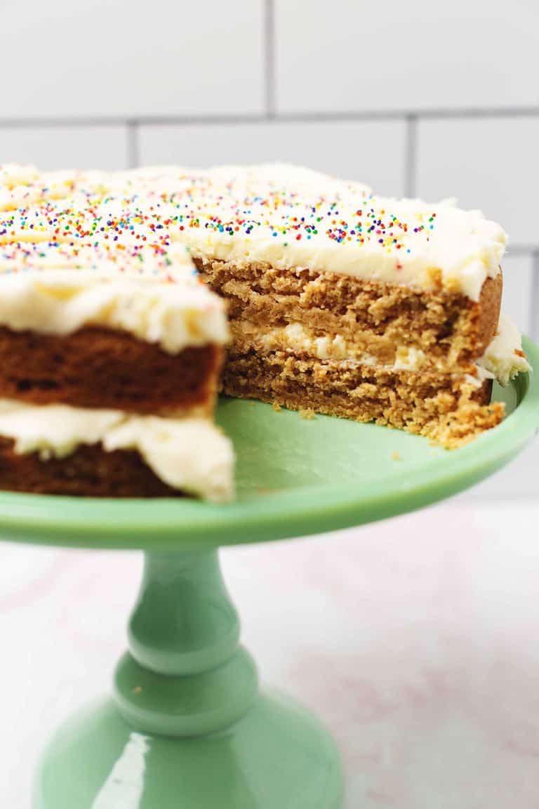 keto birthday cake on a stand