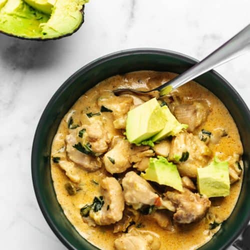 cream cheese chicken chili with avocado