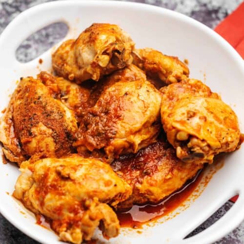 Instant pot salsa chicken in a white bowl