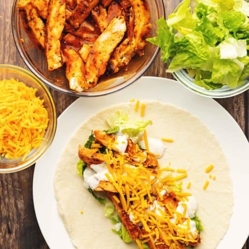 assembling buffalo chicken wraps