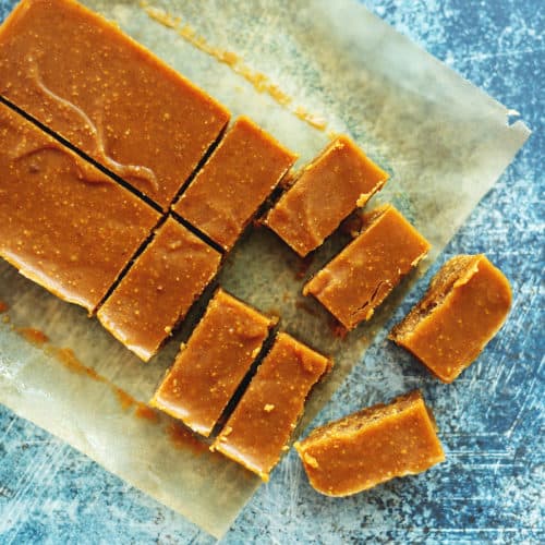 peanut butter fudge on a blue background